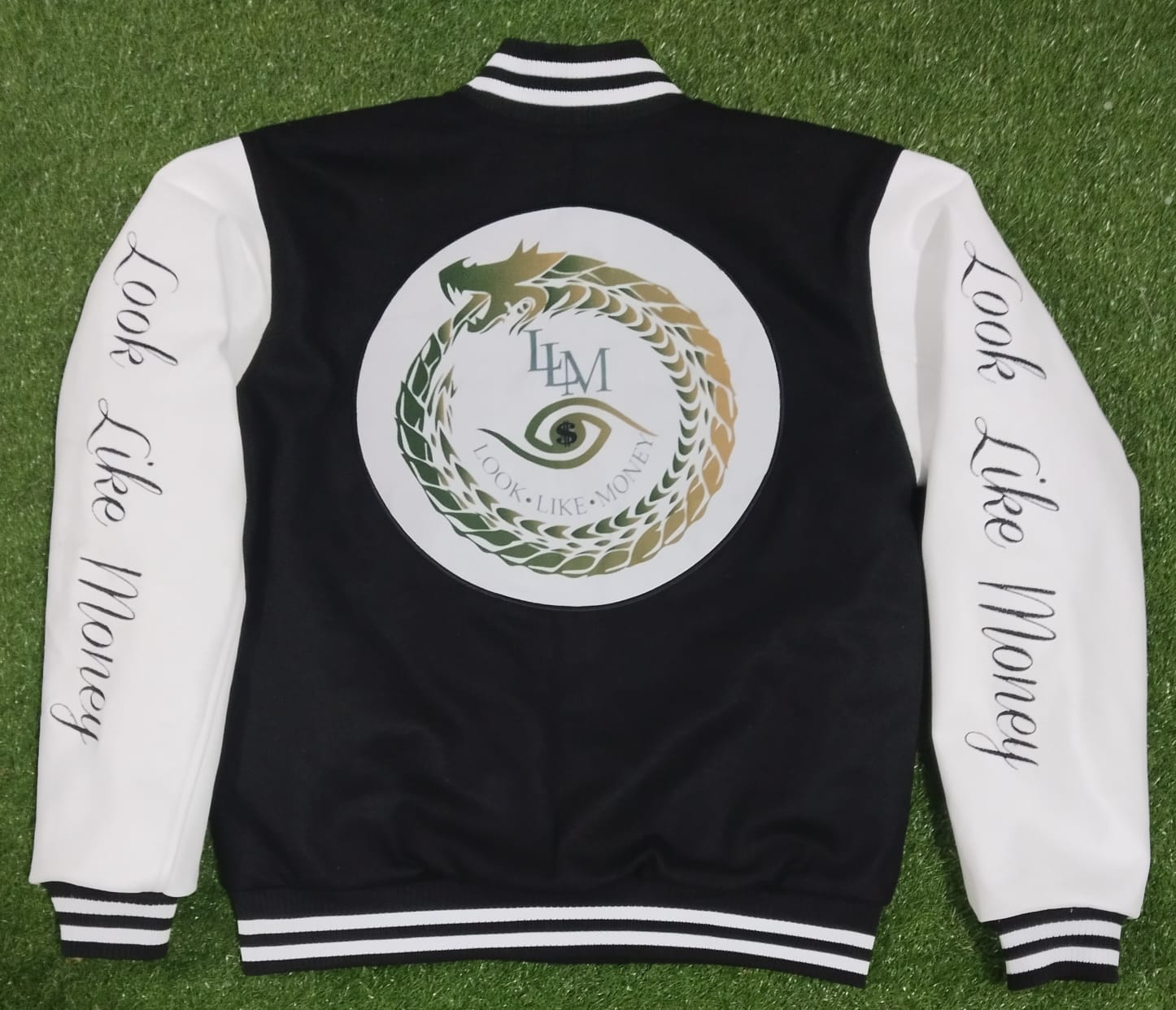 Statement Varsity Jacket: Black & White Lion Crest with "Look Like Money" Print